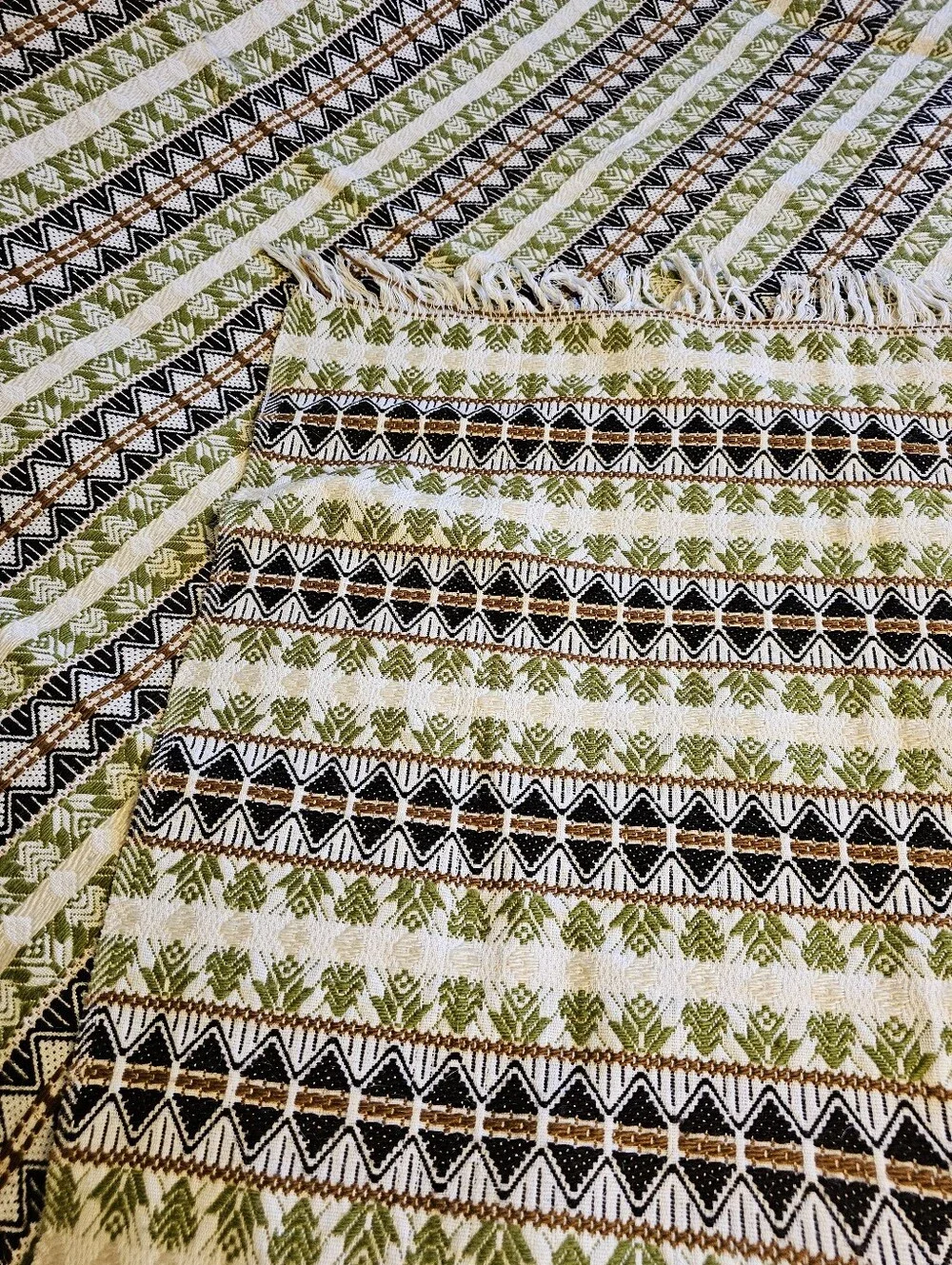Vintage 70s Handwoven Cotton Geometric Queen Blanket Coverlet